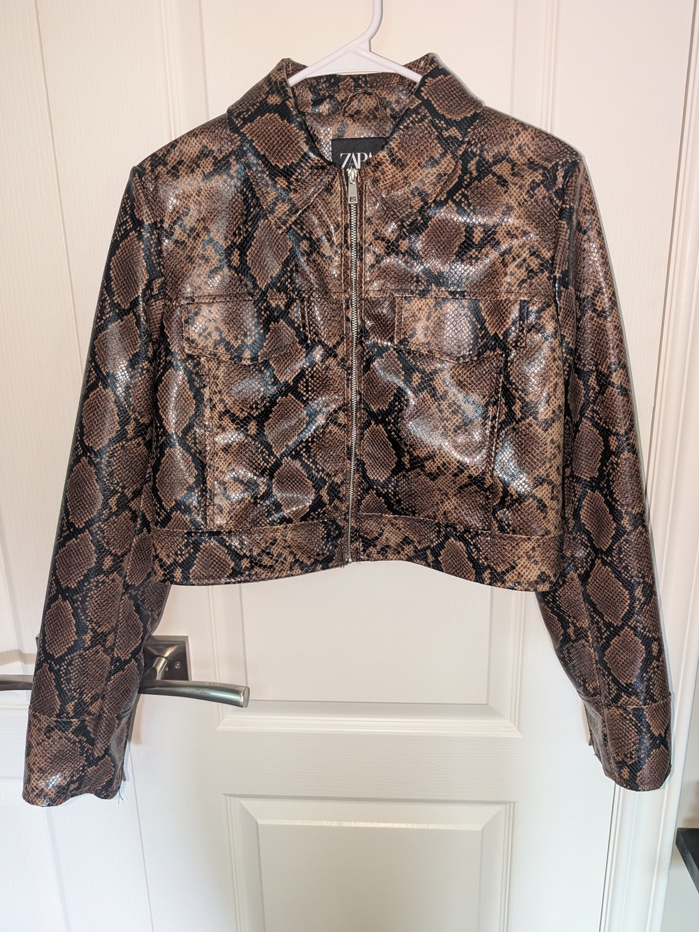 Zara Brown Snake-Print Faux Leather Cropped Jacket